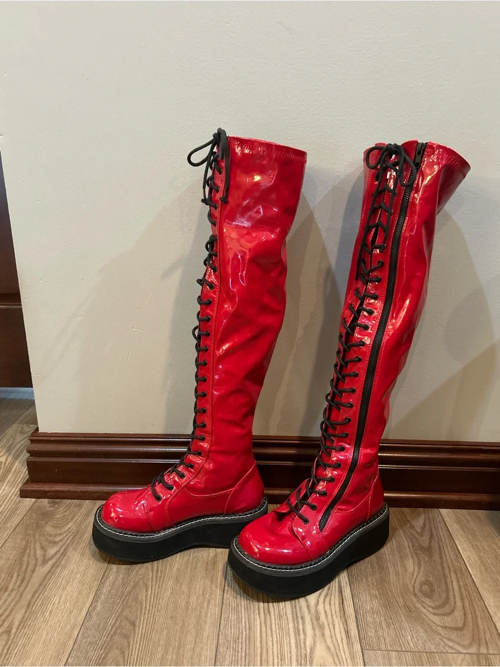 Demonia Emily-375 Red Patent Knee High Platform Lace Up Boots Womens 12
